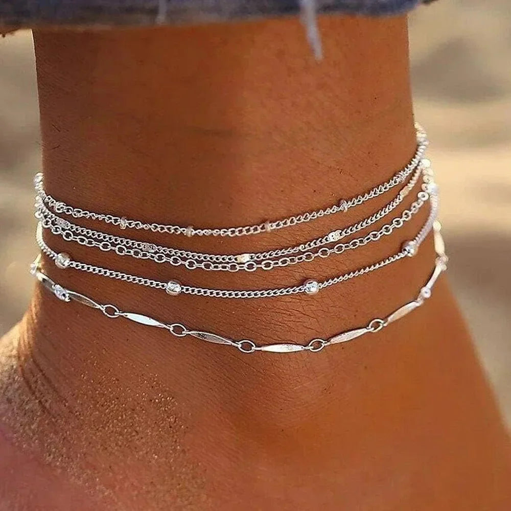Shiny Anklets With Layers Leaves And Beaded Cuban Chains. A Set Of Summer Beach Anklets For Women Girls  Ankle Jewelry,
