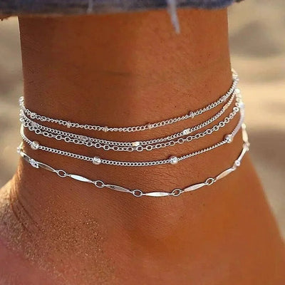 Shiny Anklets With Layers Leaves And Beaded Cuban Chains. A Set Of Summer Beach Anklets For Women Girls  Ankle Jewelry,