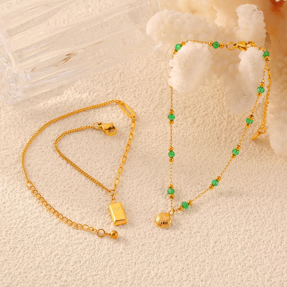2 Pcs Gold Plated Summer Green Crystal with Shell Pendant Anklet Stainless Steel Beaded Waterproof Jewelry Wholesale