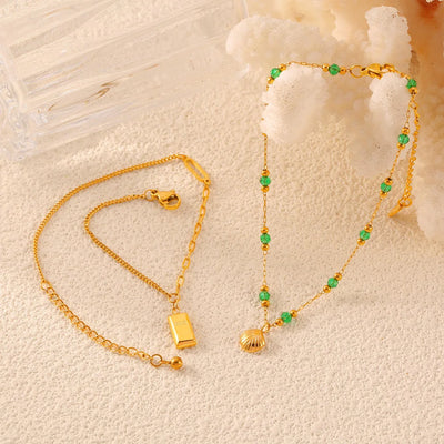 2 Pcs Gold Plated Summer Green Crystal with Shell Pendant Anklet Stainless Steel Beaded Waterproof Jewelry Wholesale