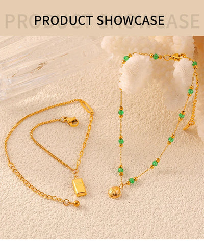 2 Pcs Gold Plated Summer Green Crystal with Shell Pendant Anklet Stainless Steel Beaded Waterproof Jewelry Wholesale