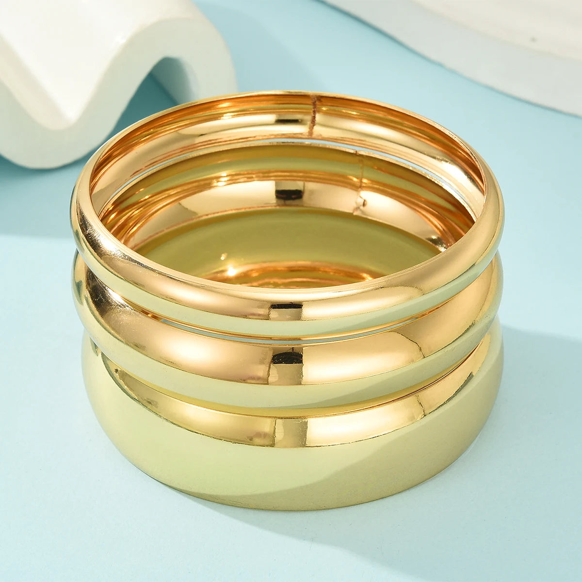 3Pcs/Set Round Smooth Gold Color Wide Bangles Set for Women Simple Temperament Thick Bracelet New Fashion Luxury Wedding Jewelry
