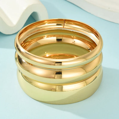 3Pcs/Set Round Smooth Gold Color Wide Bangles Set for Women Simple Temperament Thick Bracelet New Fashion Luxury Wedding Jewelry