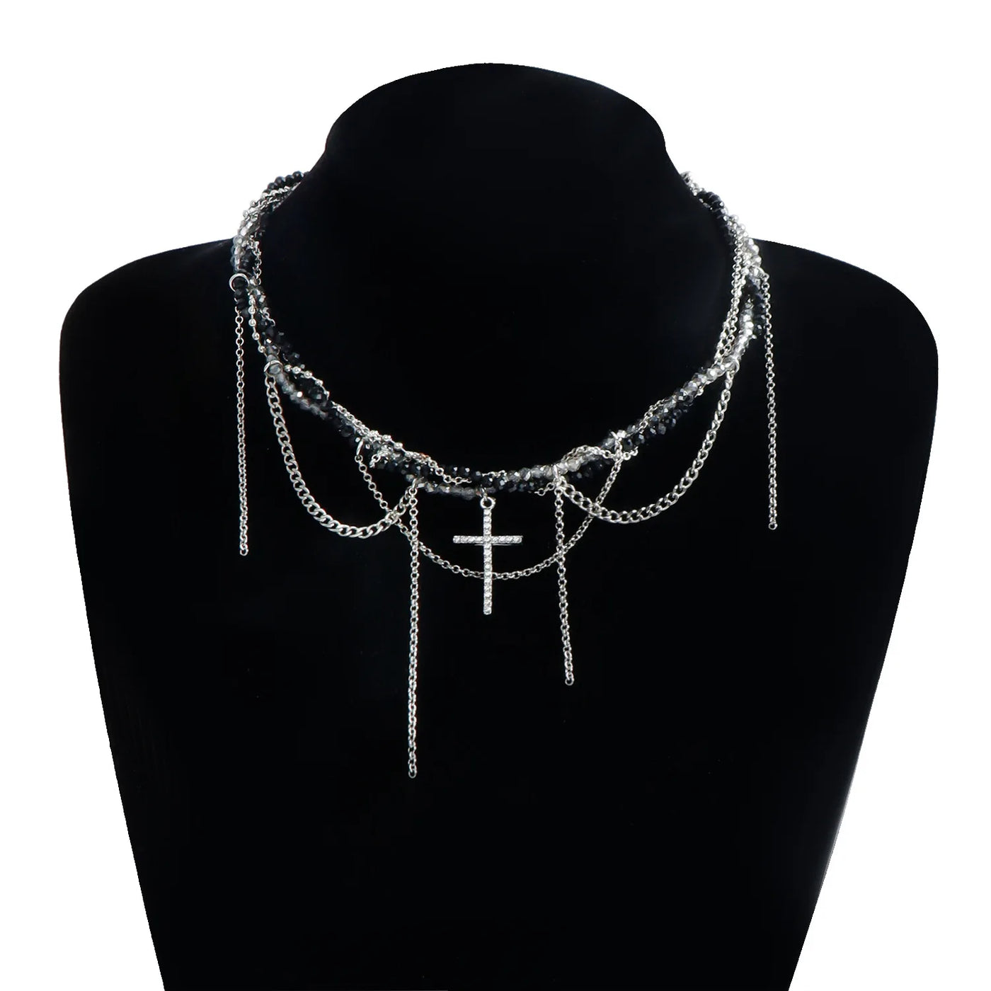 New Y2K Cross Pendant Beaded Necklace Women Boho Crystal Class Tassels Clavicle Chain Cool Choker Exquisite Fashion Jewelry