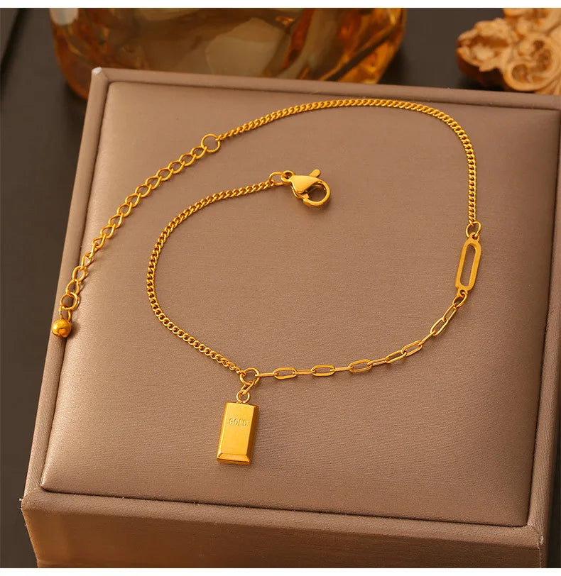 2 Pcs Gold Plated Summer Green Crystal with Shell Pendant Anklet Stainless Steel Beaded Waterproof Jewelry Wholesale
