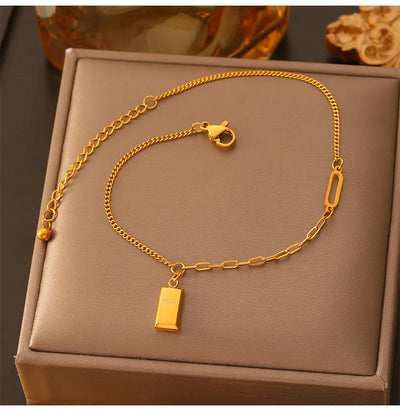 2 Pcs Gold Plated Summer Green Crystal with Shell Pendant Anklet Stainless Steel Beaded Waterproof Jewelry Wholesale