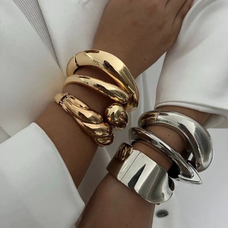 Hip Hop Thick Water Drop Wide Open Bangles Punk Golden Cross Geometric Acrylic Cuff Bracelets Striped Chunky Jewelry F