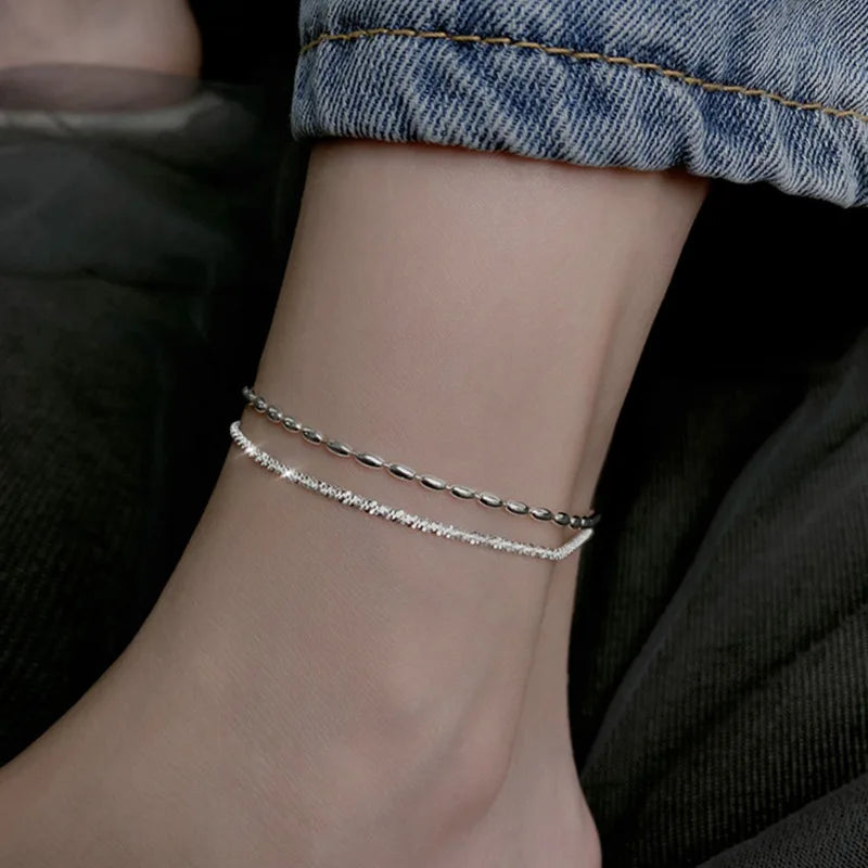 925 Sterling Silver Anklet Dazzling Geometric Double Layers Beaded Simple For Woman Girl Fashion Jewelry Gift Dropship Wholesale