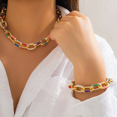 2Pcs/Set Colorful Bohemian Fashion Choker Necklace Bracelet Jewelry Set Classic Cross Chain Accessories for Women Gift Party