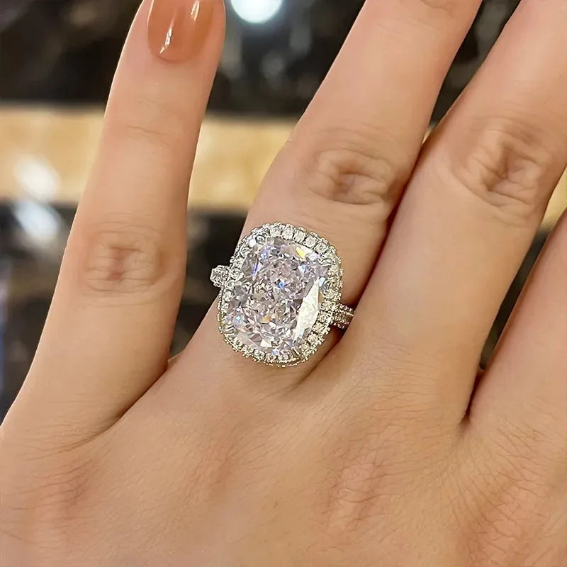 Fashion Female Rings 925 Sterling Silver Shining Big Square 4 Claw Inlaid Zircon Rings for Women  Banquet Wedding Jewelry Gift