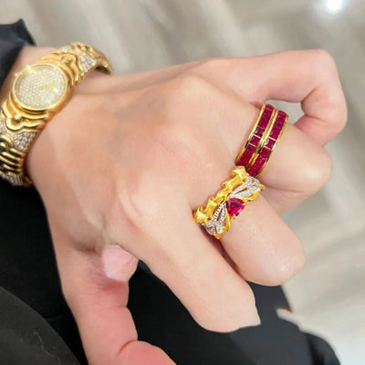 Light luxury retro high-end inlaid circle ruby rings for women fashion layering style ring adjustable wedding jewelry gifts