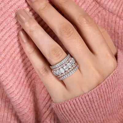 Huitan Luxury Two-Tone Wide Rings for Women Full Brilliant Cubic Zirconia Exquisite Superb Party Jewelry Trendy Chic Accessories