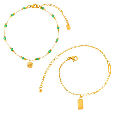 2 Pcs Gold Plated Summer Green Crystal with Shell Pendant Anklet Stainless Steel Beaded Waterproof Jewelry Wholesale