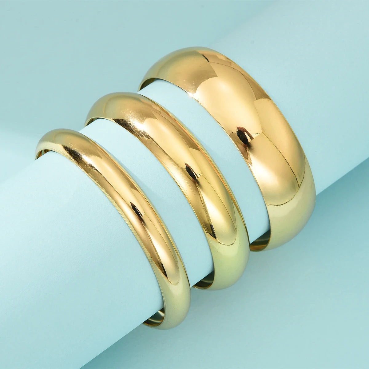 3Pcs/Set Round Smooth Gold Color Wide Bangles Set for Women Simple Temperament Thick Bracelet New Fashion Luxury Wedding Jewelry