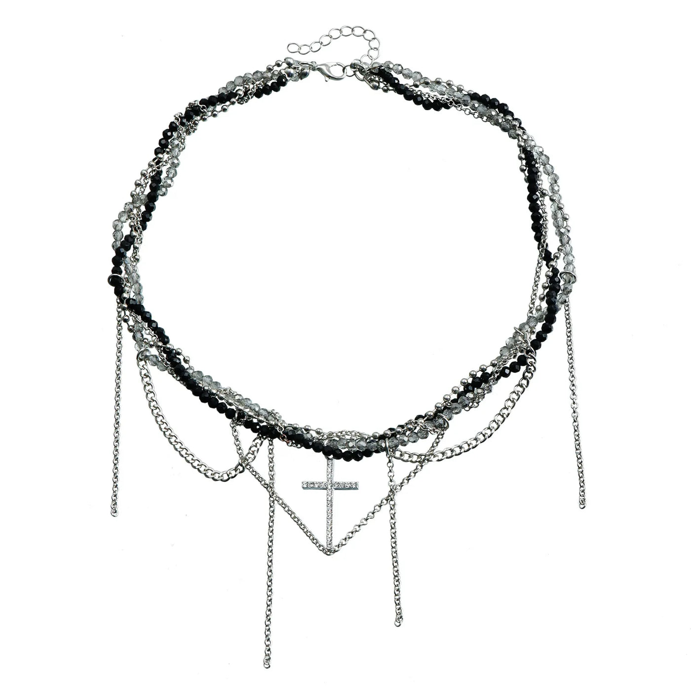 New Y2K Cross Pendant Beaded Necklace Women Boho Crystal Class Tassels Clavicle Chain Cool Choker Exquisite Fashion Jewelry