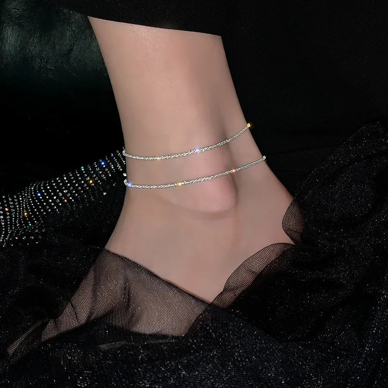 Exquisite Trendy Sparkle Star Silver Color Stainless Steel Anklet for Women Girls Classic Simple Korea Jewelry Accessories Gift
