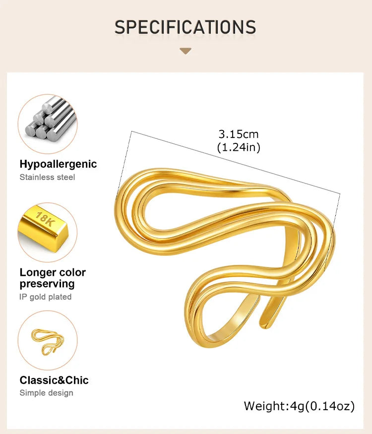 Women's Ring, 18k Gold Plated Stylish Open Ring Adjustable, stainless Steel Anti Allergenic Waterproof Jewelry