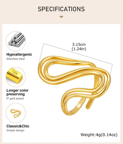 Women's Ring, 18k Gold Plated Stylish Open Ring Adjustable, stainless Steel Anti Allergenic Waterproof Jewelry