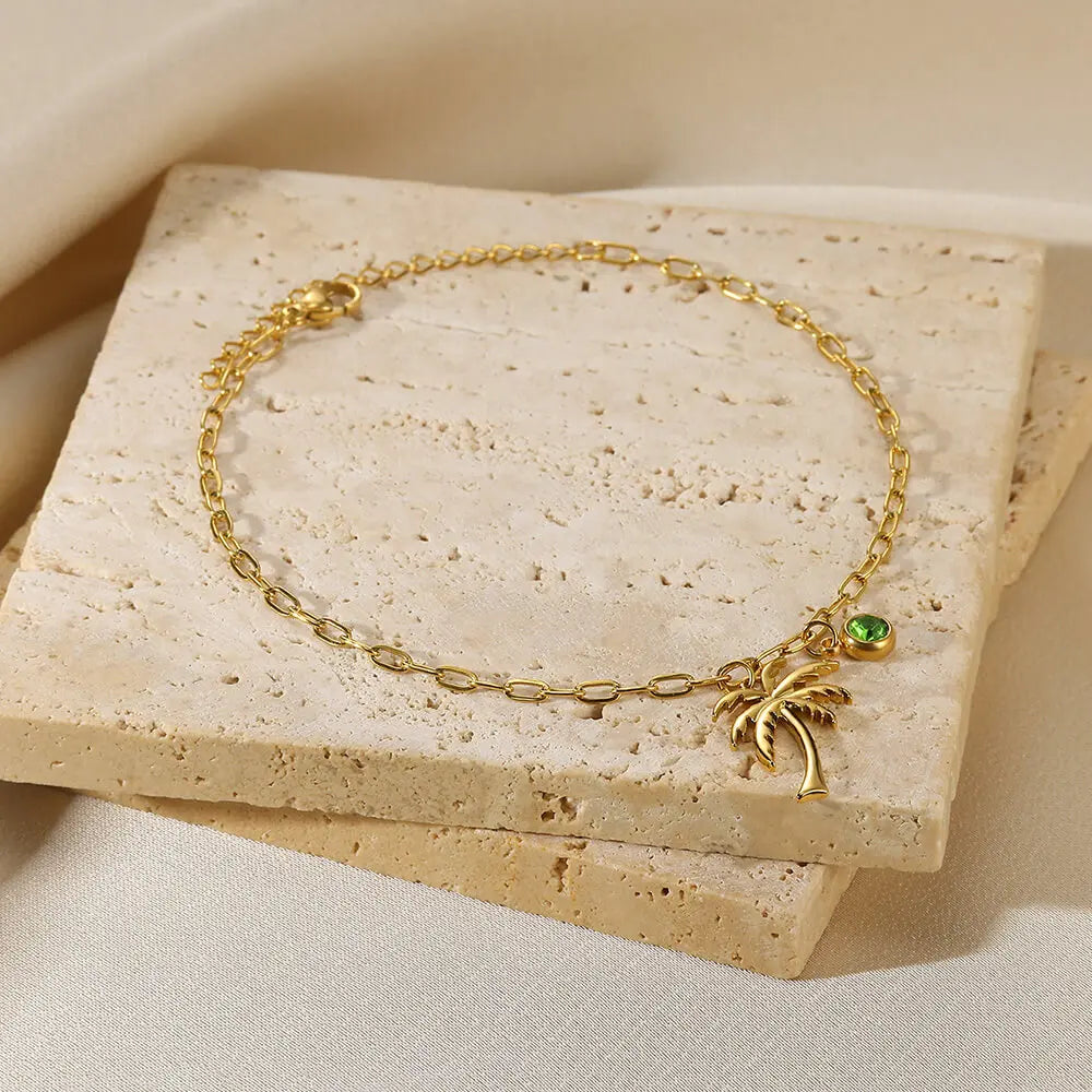 Palm Tree Birthstone Anklet Shiny Layered Chain Anklets For Women Gold Color Stainless Steel Waterproof Beach Jewelry Her Gift