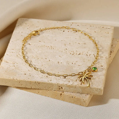 Palm Tree Birthstone Anklet Shiny Layered Chain Anklets For Women Gold Color Stainless Steel Waterproof Beach Jewelry Her Gift