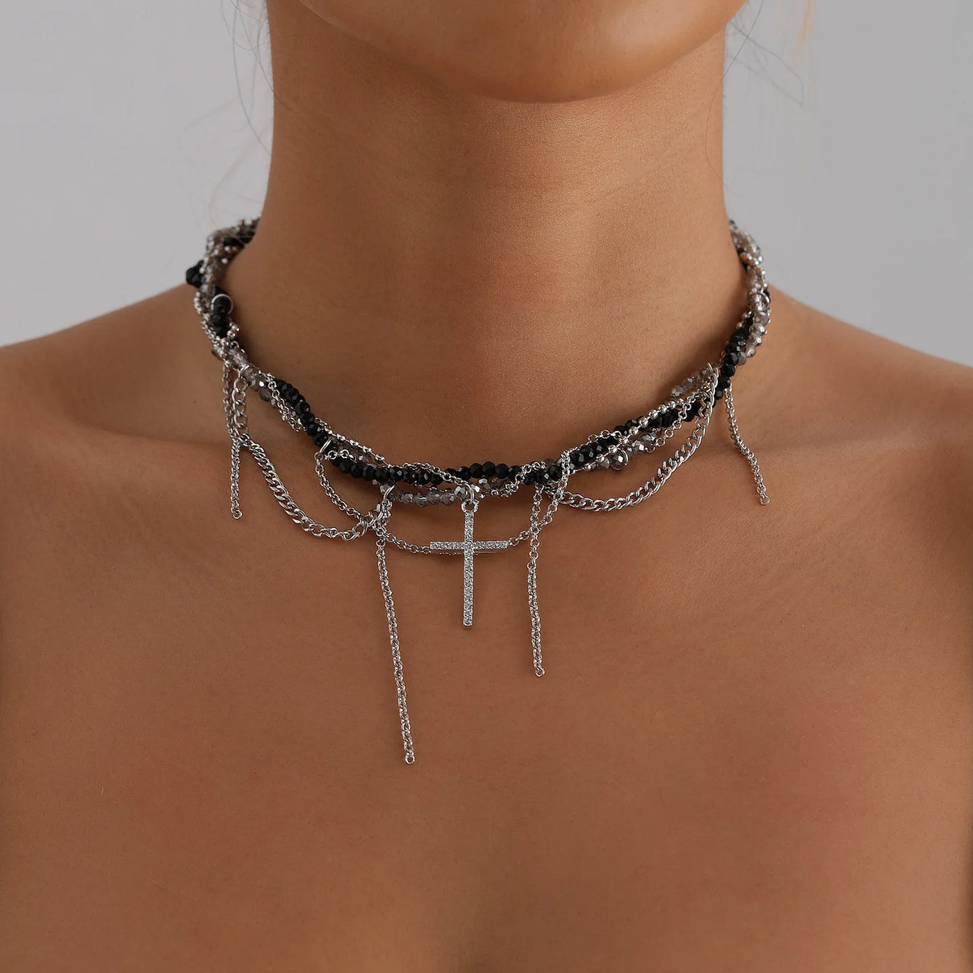 New Y2K Cross Pendant Beaded Necklace Women Boho Crystal Class Tassels Clavicle Chain Cool Choker Exquisite Fashion Jewelry
