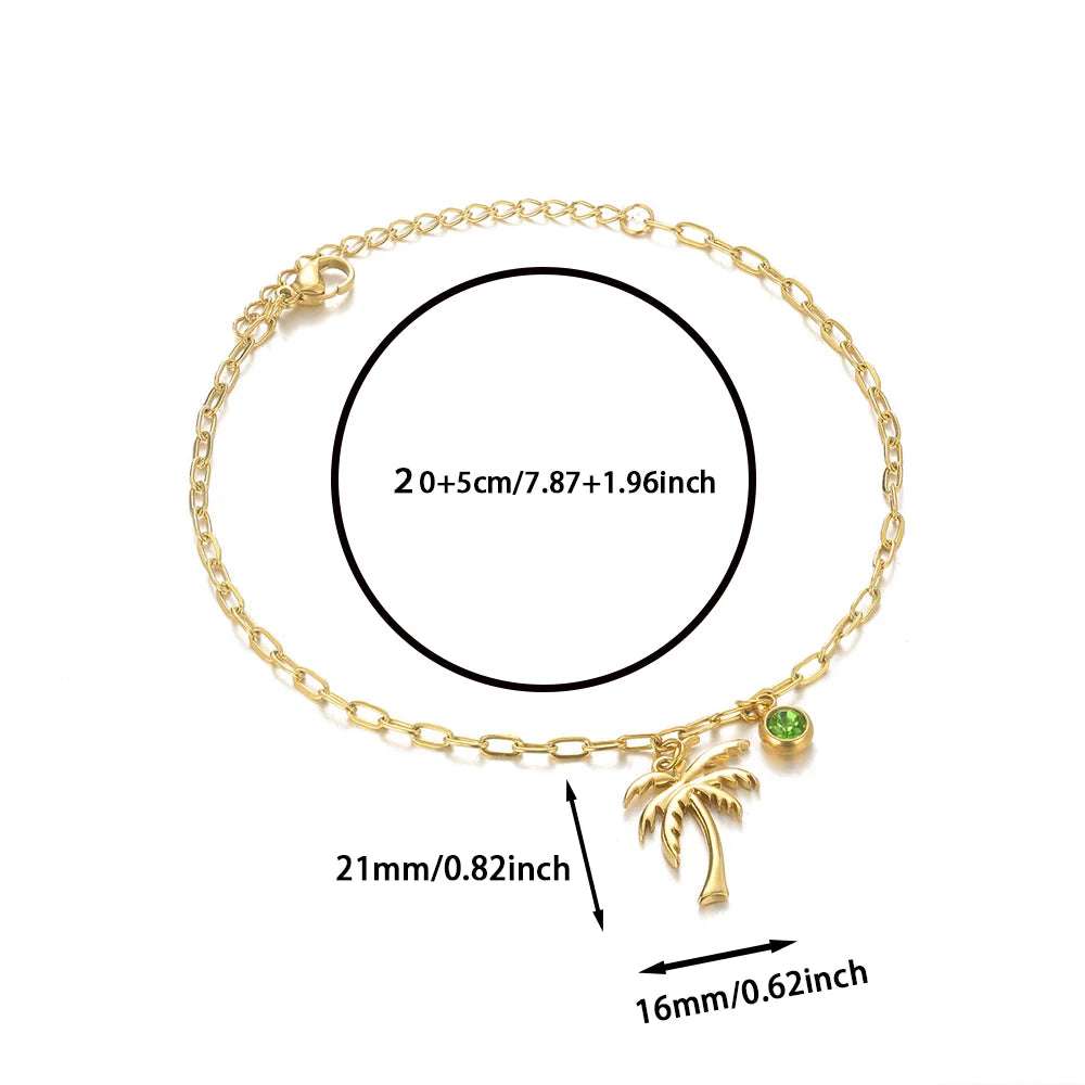 Palm Tree Birthstone Anklet Shiny Layered Chain Anklets For Women Gold Color Stainless Steel Waterproof Beach Jewelry Her Gift