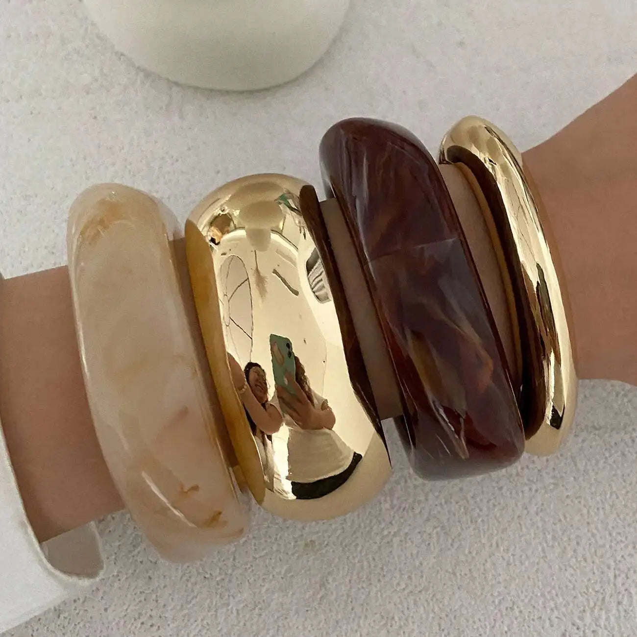 IngeSight.Z Vintage Irregular Resin Wide Bangle Bracelets Women Punk Geometric Wide Metal Bracelet Fashion Chunky Party Jewelry