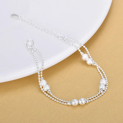 Simple Anklet Silver Color Double Layers Ball Pendant Anklet Summer Beach Bracelets Frosted Beads Anklets Bracelet Women Jewelry
