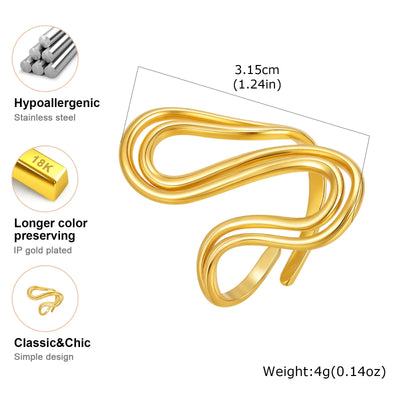 Women's Ring, 18k Gold Plated Stylish Open Ring Adjustable, stainless Steel Anti Allergenic Waterproof Jewelry