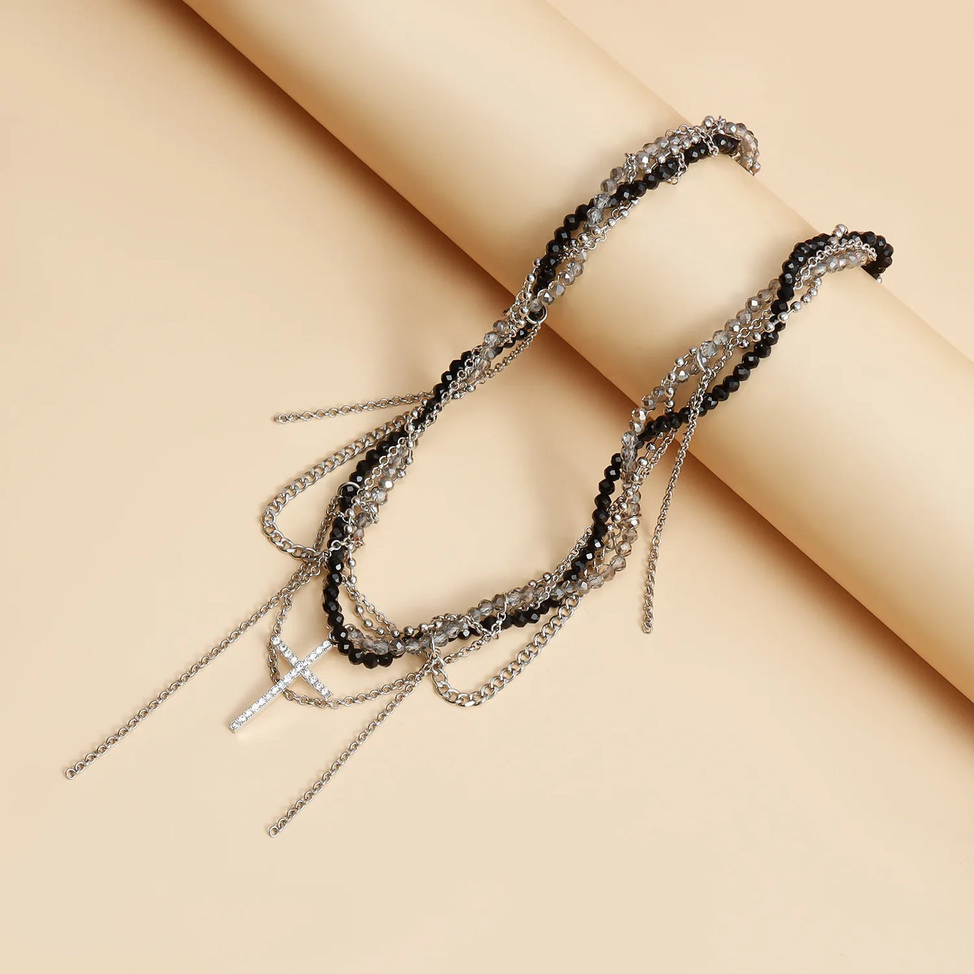 New Y2K Cross Pendant Beaded Necklace Women Boho Crystal Class Tassels Clavicle Chain Cool Choker Exquisite Fashion Jewelry