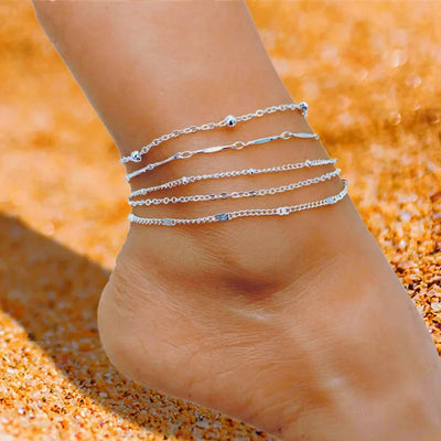 Shiny Anklets With Layers Leaves And Beaded Cuban Chains. A Set Of Summer Beach Anklets For Women Girls  Ankle Jewelry,