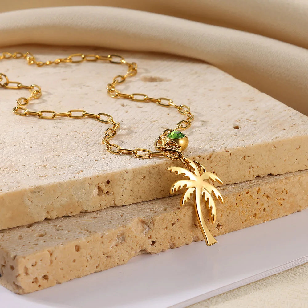 Palm Tree Birthstone Anklet Shiny Layered Chain Anklets For Women Gold Color Stainless Steel Waterproof Beach Jewelry Her Gift