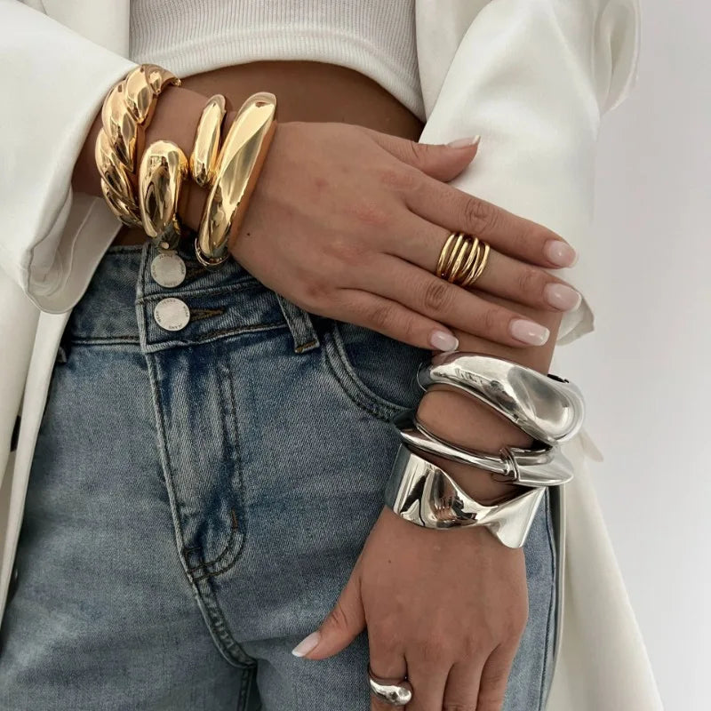 Hip Hop Thick Water Drop Wide Open Bangles Punk Golden Cross Geometric Acrylic Cuff Bracelets Striped Chunky Jewelry F