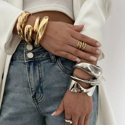 Hip Hop Thick Water Drop Wide Open Bangles Punk Golden Cross Geometric Acrylic Cuff Bracelets Striped Chunky Jewelry F