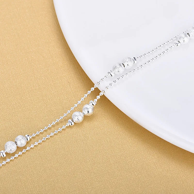 Simple Anklet Silver Color Double Layers Ball Pendant Anklet Summer Beach Bracelets Frosted Beads Anklets Bracelet Women Jewelry