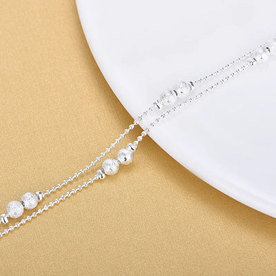 Simple Anklet Silver Color Double Layers Ball Pendant Anklet Summer Beach Bracelets Frosted Beads Anklets Bracelet Women Jewelry