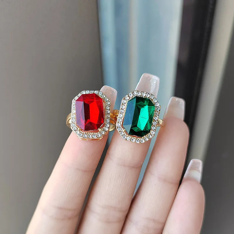 Luxury Ruby Emerald Ring For Women Adjustable Wide Face Men's Ring Jewelry Zircon Shiny Fine Jewelry Finger Accessories