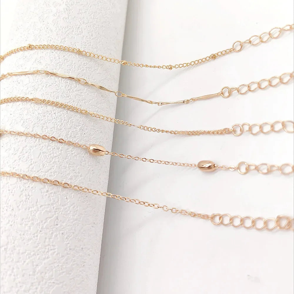Shiny Anklets With Layers Leaves And Beaded Cuban Chains. A Set Of Summer Beach Anklets For Women Girls  Ankle Jewelry,