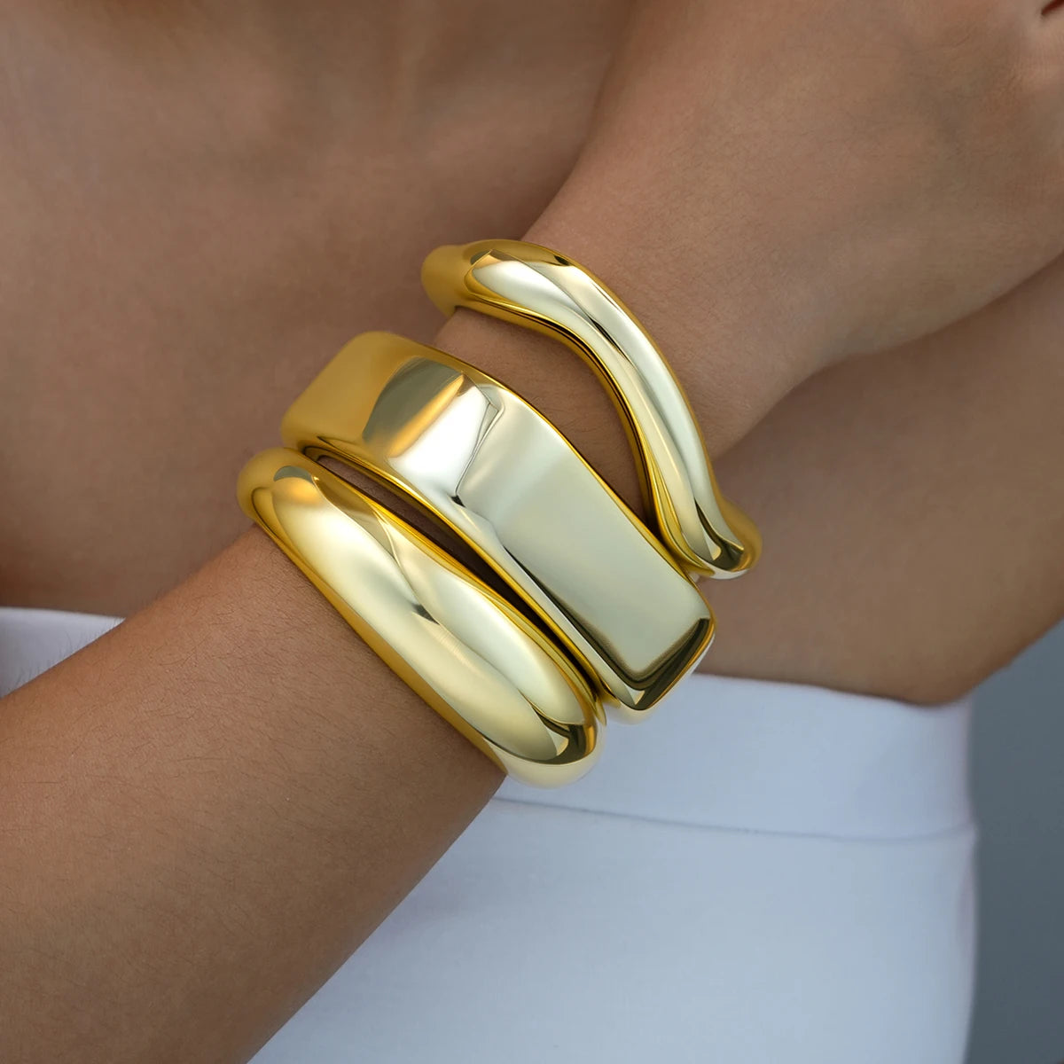 3pcs Retro Exaggerated Gold Color Bangle Set for Women Simple Geometric Smooth Wide Thick Bracelets Daily Wear Wedding Jewelry
