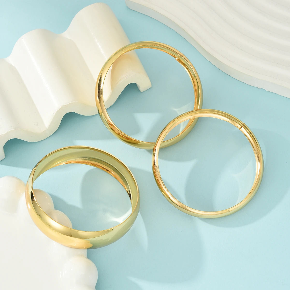 3Pcs/Set Round Smooth Gold Color Wide Bangles Set for Women Simple Temperament Thick Bracelet New Fashion Luxury Wedding Jewelry