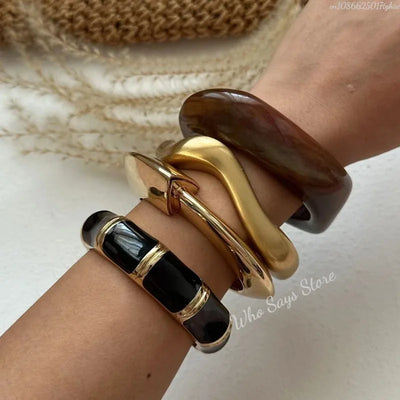 Vintage Punk Beige Khaki Thick Resin Acrylic Smudging Bangles Geometric Irregular Bangle Bracelets For Women Men Jewelry