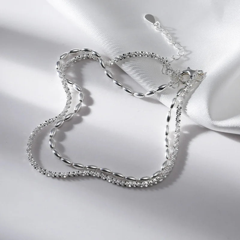 925 Sterling Silver Anklet Dazzling Geometric Double Layers Beaded Simple For Woman Girl Fashion Jewelry Gift Dropship Wholesale
