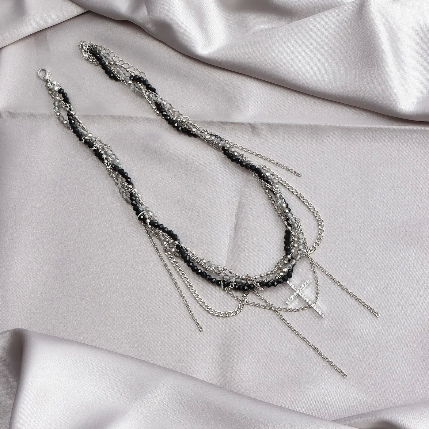 New Y2K Cross Pendant Beaded Necklace Women Boho Crystal Class Tassels Clavicle Chain Cool Choker Exquisite Fashion Jewelry
