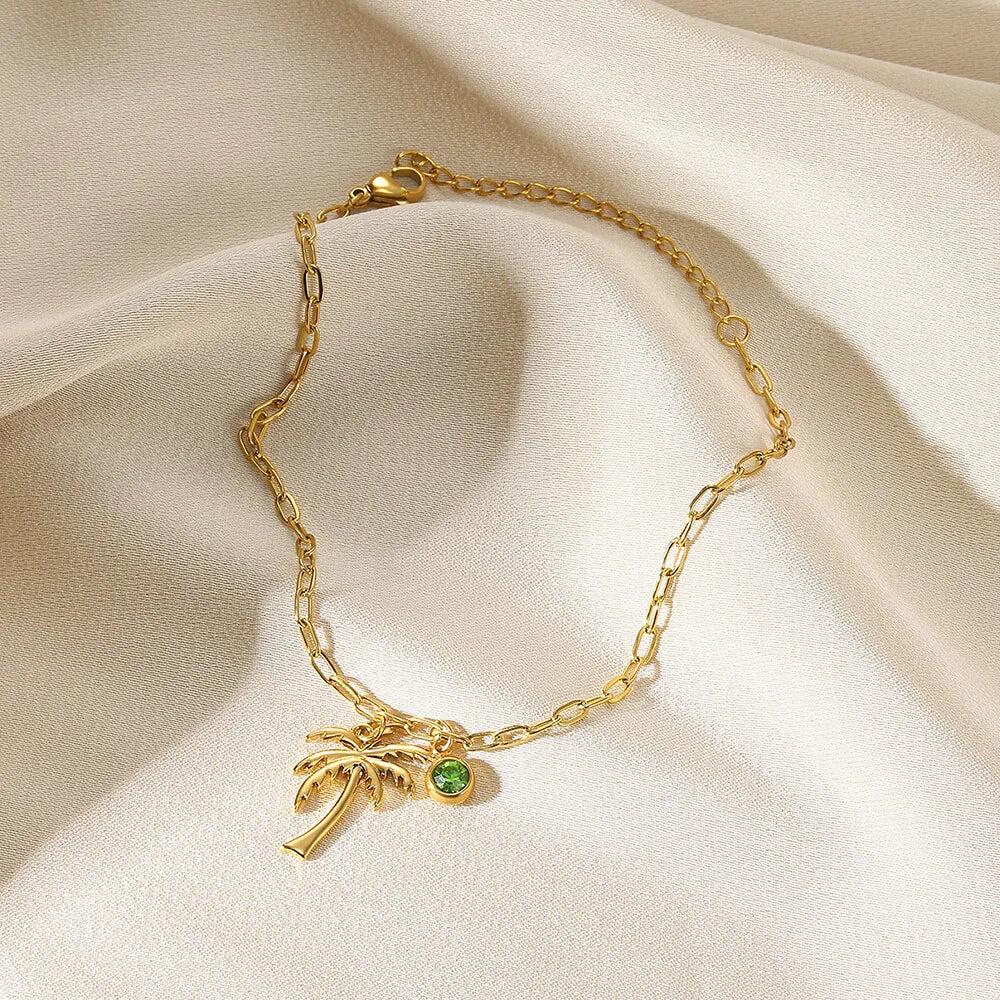 Palm Tree Birthstone Anklet Shiny Layered Chain Anklets For Women Gold Color Stainless Steel Waterproof Beach Jewelry Her Gift