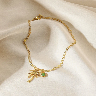 Palm Tree Birthstone Anklet Shiny Layered Chain Anklets For Women Gold Color Stainless Steel Waterproof Beach Jewelry Her Gift