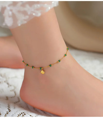 2 Pcs Gold Plated Summer Green Crystal with Shell Pendant Anklet Stainless Steel Beaded Waterproof Jewelry Wholesale