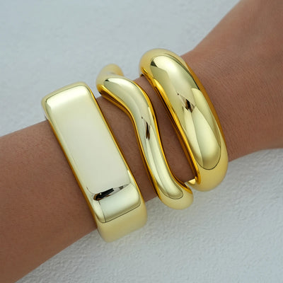 3pcs Retro Exaggerated Gold Color Bangle Set for Women Simple Geometric Smooth Wide Thick Bracelets Daily Wear Wedding Jewelry