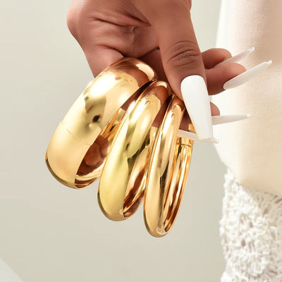 3Pcs/Set Round Smooth Gold Color Wide Bangles Set for Women Simple Temperament Thick Bracelet New Fashion Luxury Wedding Jewelry
