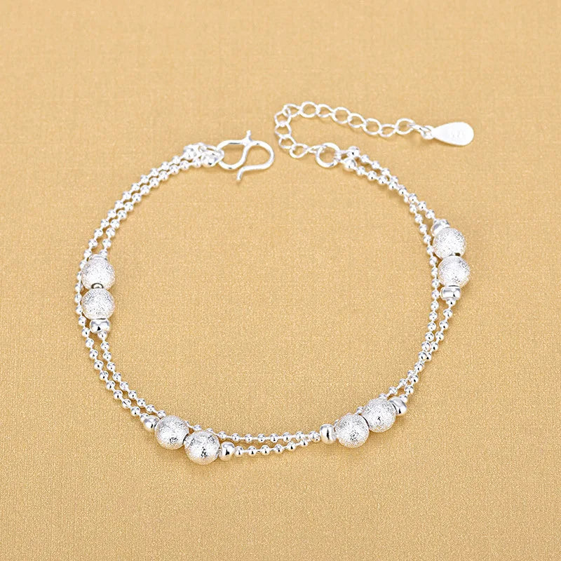 Simple Anklet Silver Color Double Layers Ball Pendant Anklet Summer Beach Bracelets Frosted Beads Anklets Bracelet Women Jewelry