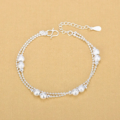 Simple Anklet Silver Color Double Layers Ball Pendant Anklet Summer Beach Bracelets Frosted Beads Anklets Bracelet Women Jewelry